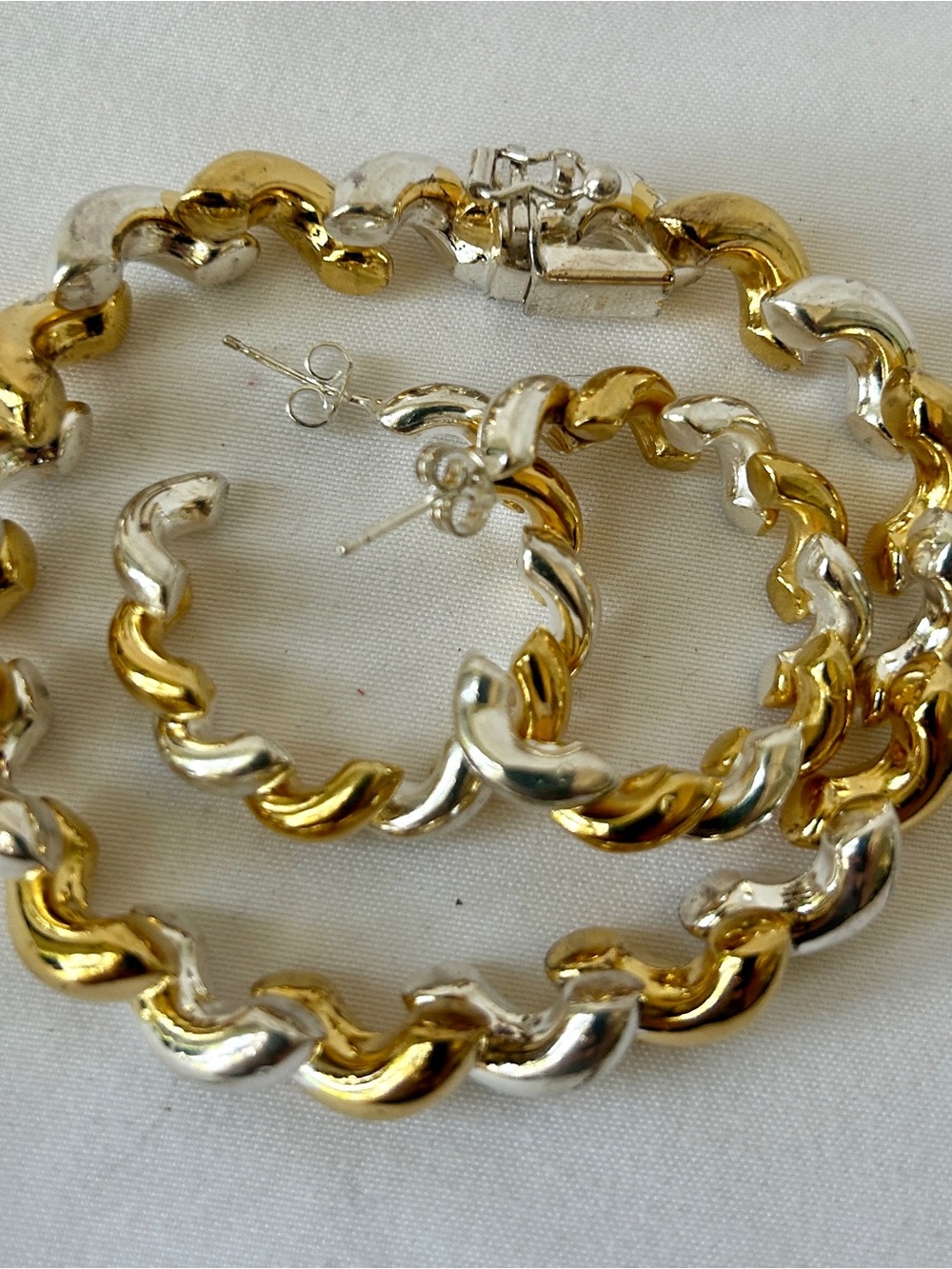 San Marco Link Sterling Silver & Vermeil Gold-tone Bracelet Earring Set 34g